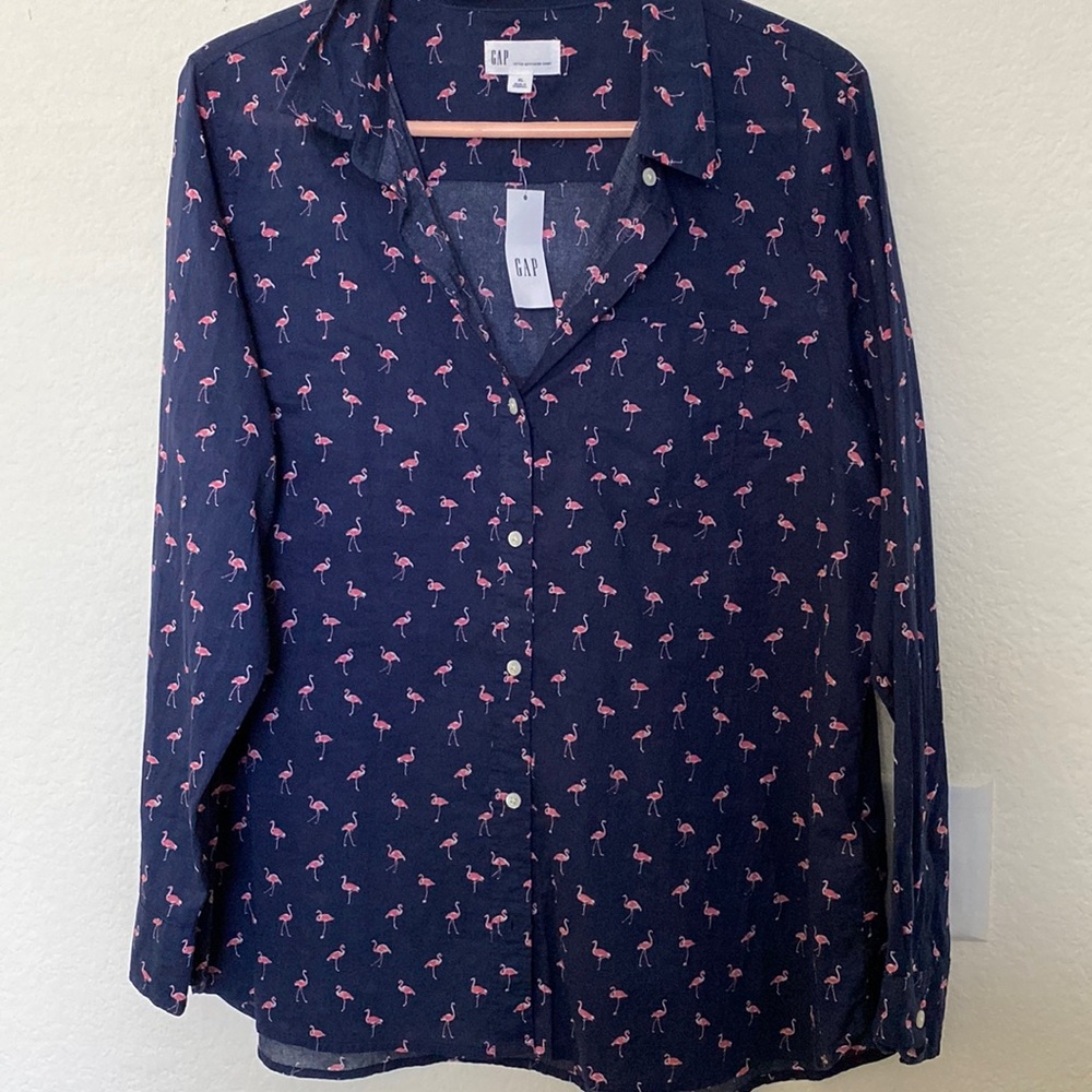 NWT GAP button up top NAVY with PINK pelicans XL